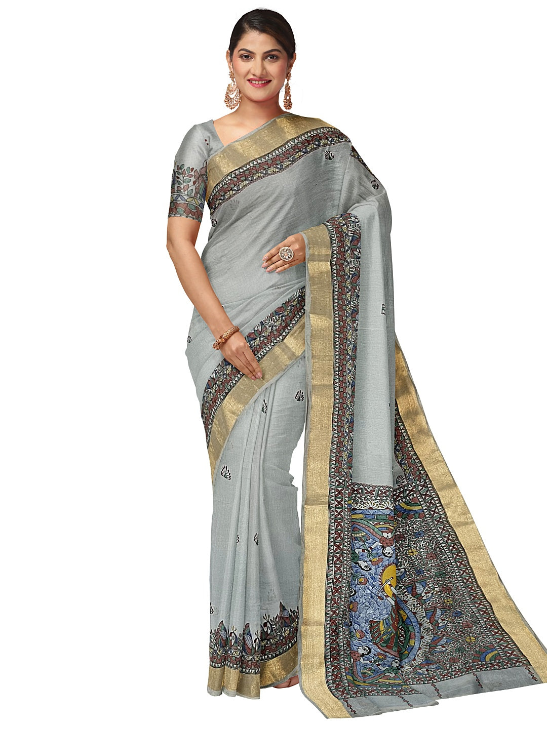 Powder Blue Hand-Painted Madhubani Saree on Chanderi Silk